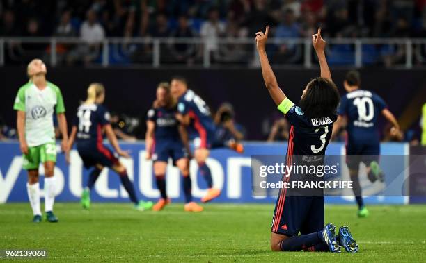 Olympique Lyonnais' French defender Wendie Renard celebrates their second goal during the UEFA Women's Champions League final football match Vfl...