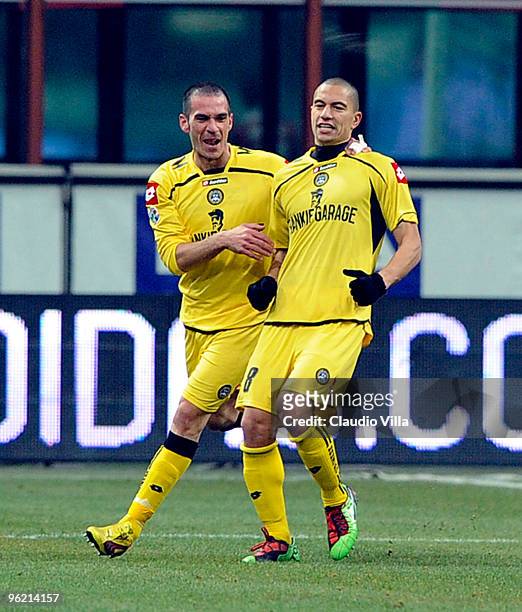 Celebrates of Gokhan Inler and Gaetano D'Agostino of Udinese Calcio after the first goal during the Tim Cup match between Milan and Udinese at Stadio...