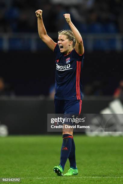 Ada Hegerberg of Lyon celebrates scoring her sides third goal during the UEFA Womens Champions League Final between VfL Wolfsburg and Olympique...