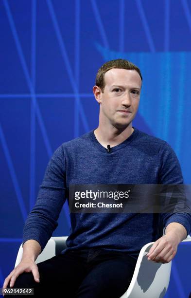 Facebook's founder and CEO Mark Zuckerberg speaks to participants during the Viva Technologie show at Parc des Expositions Porte de Versailles on May...