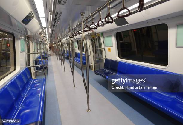 View of Magenta Line Metro during a press preview on May 24, 2018 in New Delhi, India. The much-awaited section will be flagged off on May 28, a day...