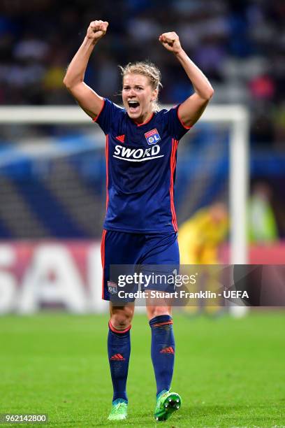 Ada Hegerberg of Lyon celebrates scoring her sides third goal during the UEFA Womens Champions League Final between VfL Wolfsburg and Olympique...