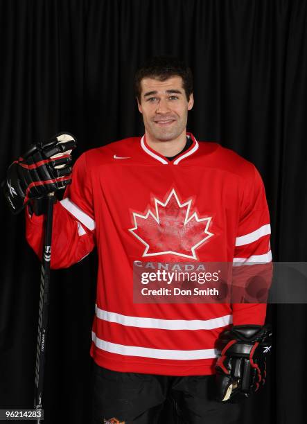Patrick Marleau of the San Jose Sharks poses for his Olympic Photo Shoot in his team Canada jersey for the 2010 Olympics.