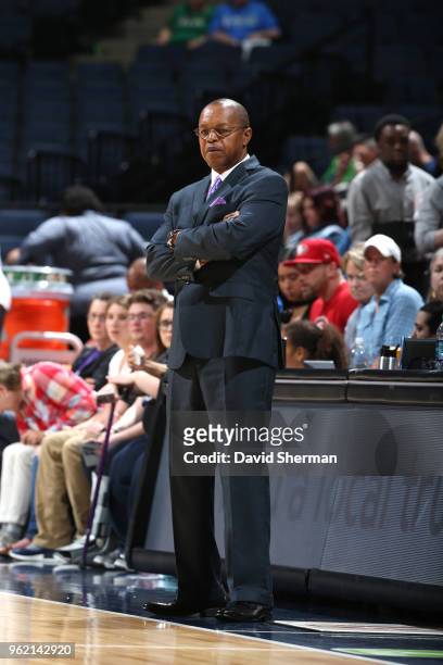 Head Coach Fred Williams of the Dallas Wings looks on during the game against the Minnesota Lynx on May 23, 2018 at Target Center in Minneapolis,...