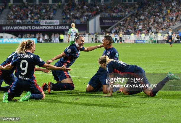 Olympique Lyonnais' Dutch forward Shanice Van De Sandern and teammates celebrate after scoring during the UEFA Women's Champions League final...