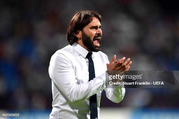 Lyon manager, Reynald Pedros reacts during the UEFA Womens Champions League Final between VfL Wolfsburg and Olympique Lyonnais on May 24, 2018 in...