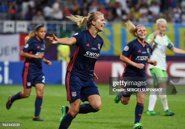 Olympique Lyonnais' Norwegian forward Ada Hegerberg celebrates after scoring their third goal during the UEFA Women's Champions League final football...