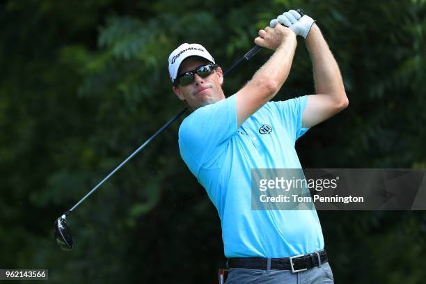 David Hearn of Canada plays his shot from the sixth tee during round one of the Fort Worth Invitational at Colonial Country Club on May 24, 2018 in...