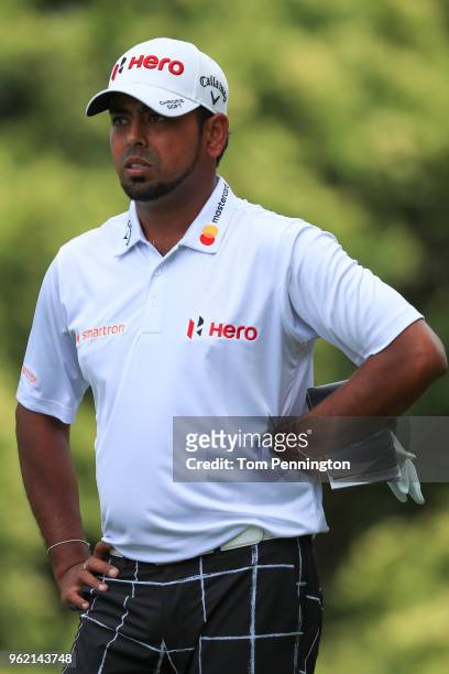 Anirban Lahiri of India looks on on the tenth hole during round one of the Fort Worth Invitational at Colonial Country Club on May 24, 2018 in Fort...