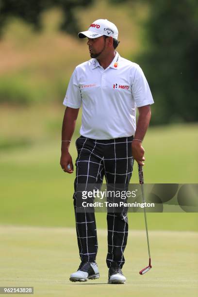 Anirban Lahiri of India looks on on the eighth green during round one of the Fort Worth Invitational at Colonial Country Club on May 24, 2018 in Fort...