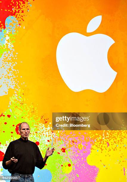 Steve Jobs, chief executive officer of Apple Inc., speaks during the debut of the Apple iPad tablet at the Yerba Buena Center for the Arts Theater in...