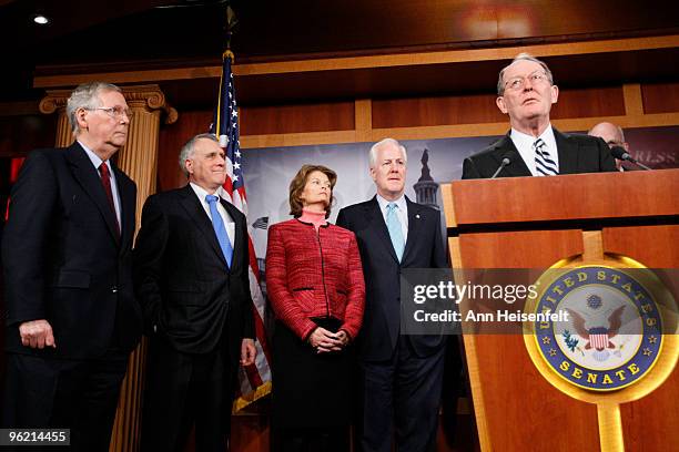 Sen. Robert Bennett responds to a question as GOP Senators hold a media availability following the Senate Republican Annual meeting January 27, 2010...