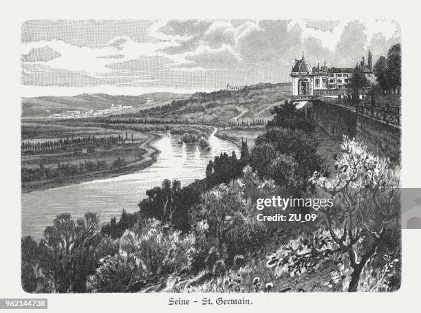 seine river near st. germain, france, wood engraving, published 1897 - paris france aerial stock illustrations