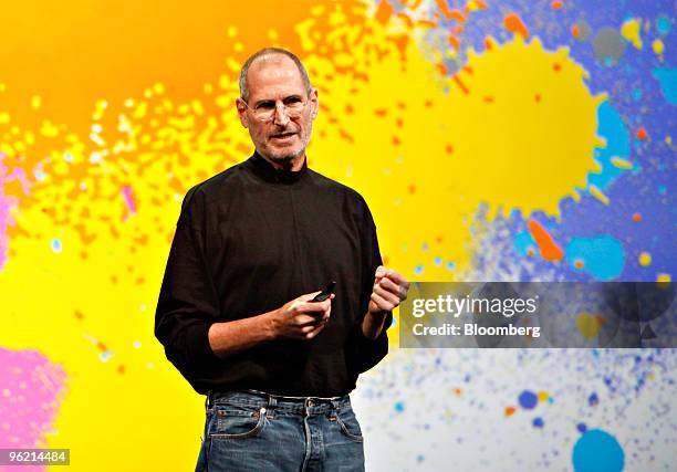 Steve Jobs, chief executive officer of Apple Inc., speaks during the debut of the Apple iPad tablet at the Yerba Buena Center for the Arts Theater in...