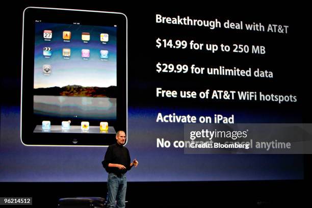 The highlights of the Apple iPad with 3G's wireless connectivity are displayed as Steve Jobs, chief executive officer of Apple Inc., speaks during...