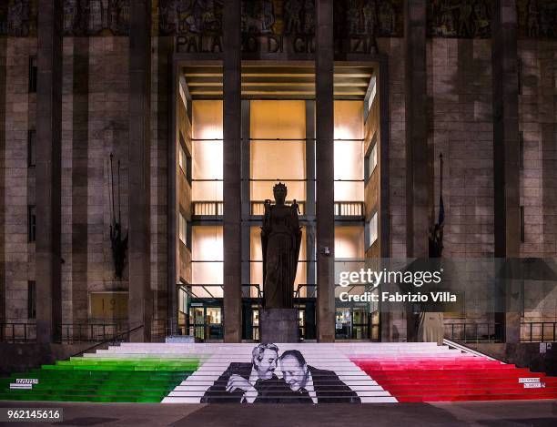 The faces of Giovanni Falcone and Paolo Borsellino, the judges killed by the Sicilian mafia, in front of the court of Catania at Giovanni Verga...