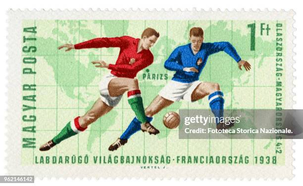 Italy-Hungary 4 to 2, the final game of the World Championships in Paris in 1938. Stamp of a series issued by the Hungarian Post the World Football...