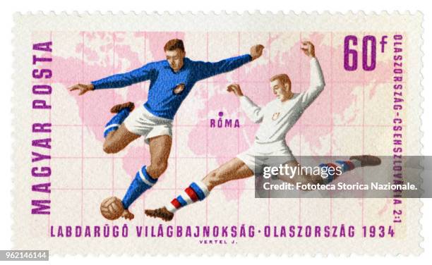 Italy-Czechoslovakia 2 to 1, the final game of the World Championships in Rome in 1934. Stamp of a series issued by the Hungarian Post at the World...