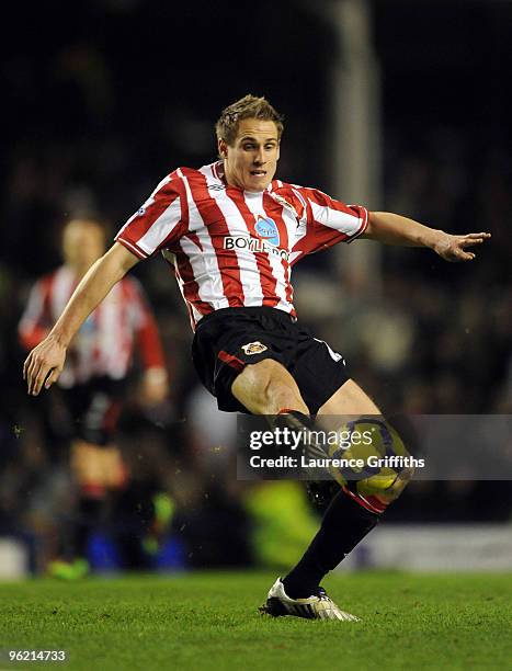 Matthew Kilgallon of Sunderland in action during the Barclays Premier League match between Everton and Sunderland at Goodison Park on January 27,...