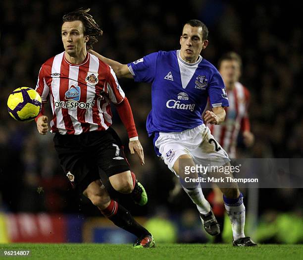 Leon Osman of Everton tangles with Boudewijn Zenden of Sunderland during the Barclays Premier League match between Everton and Sunderland at Goodison...