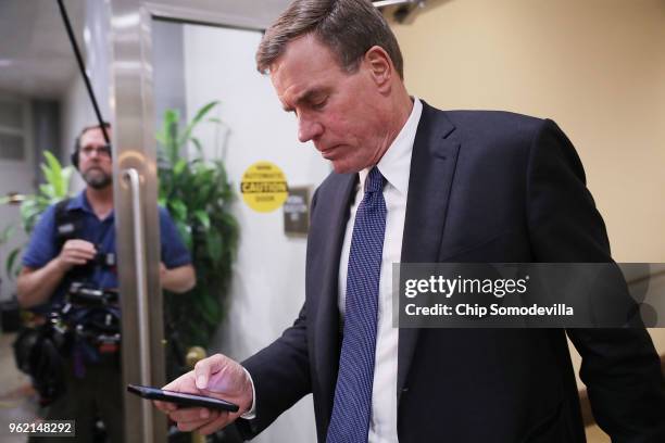 Senate Intelligence Committee ranking member Sen. Mark Warner leaves a meeting of the members of the so-called 'Gang of Eight' and intelligence...