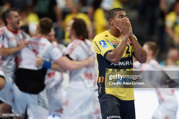 Mads Mensah Larsen of Rhein-Neckar Loewen reacts after the DKB HBL match between Rhein-Neckar Loewen and MT Melsungen at SAP Arena on May 24, 2018 in...