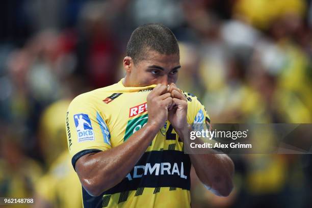 Mads Mensah Larsen of Rhein-Neckar Loewen reacts after the DKB HBL match between Rhein-Neckar Loewen and MT Melsungen at SAP Arena on May 24, 2018 in...