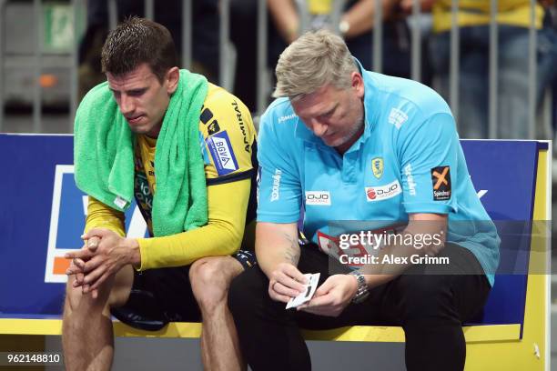 Head coach Nikolaj Jacobsen and Andy Schmid of Rhein-Neckar Loewen react after the DKB HBL match between Rhein-Neckar Loewen and MT Melsungen at SAP...