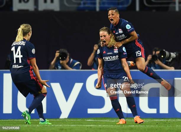 Amandine Henry of Lyon celebrates after scoring her sides first goal during the UEFA Womens Champions League Final between VfL Wolfsburg and...