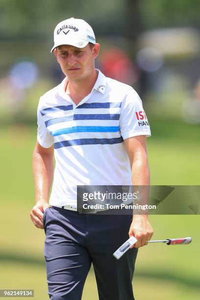 Emiliano Grillo of Argentina looks on on the 18th hole during round one of the Fort Worth Invitational at Colonial Country Club on May 24, 2018 in...