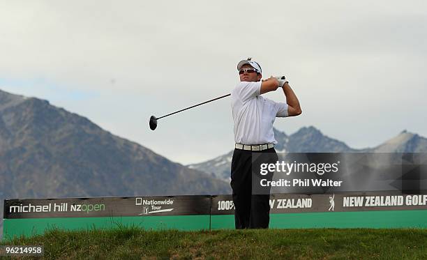 Andrew Tschudin of Australia tees off on the 15th hole during day one of the New Zealand Open at The Hills Golf Club on January 28, 2010 in...