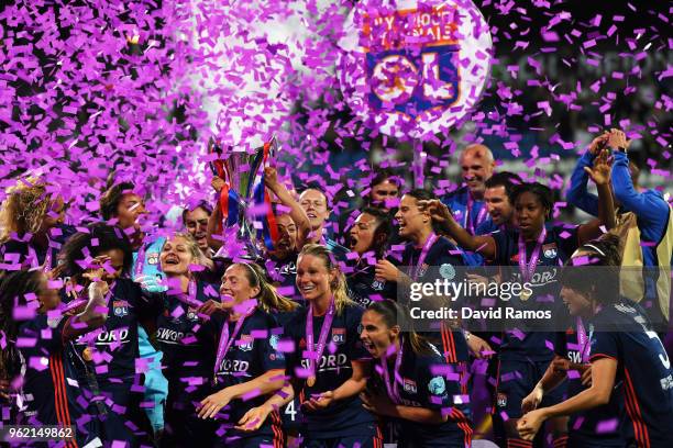 Lyon Women celebrate with the trophy during the UEFA Womens Champions League Final between VfL Wolfsburg and Olympique Lyonnais on May 24, 2018 in...