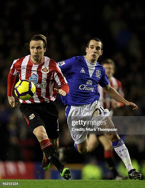 Leon Osman of Everton tangles with Boudewijn Zenden of Sunderland during the Barclays Premier League match between Everton and Sunderland at Goodison...