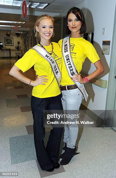 Miss USA Kristen Dalton and Miss Universe Stefania Fernandez participate in Project Sunshine's "Star For A Day" program at Beth Israel Medical Center...