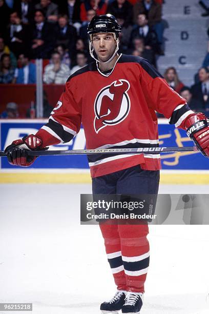 Bill Guerin of the New Jersey Devils skates against the Montreal Canadiens in the 1990's at the Montreal Forum in Montreal, Quebec, Canada.