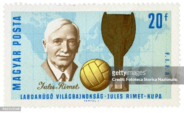 Postage stamp issued by the Hungarian Post Office to commemorate the participation of the Hungarian team, in the world soccer championship, or Jules...