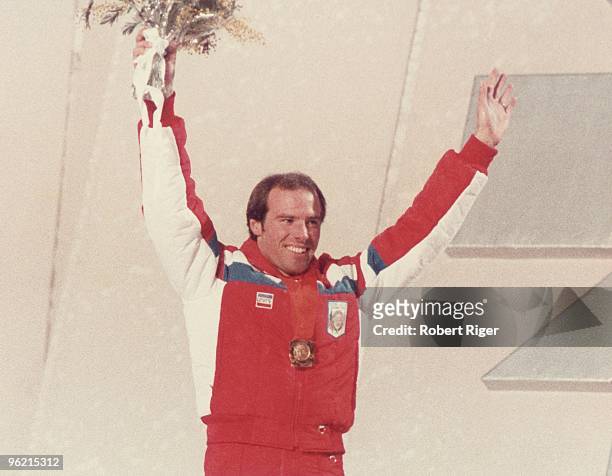 Phil Mahre celebrates after winning the Men's Combined at the 1980 Winter Olympics in Lake Placid, New York.