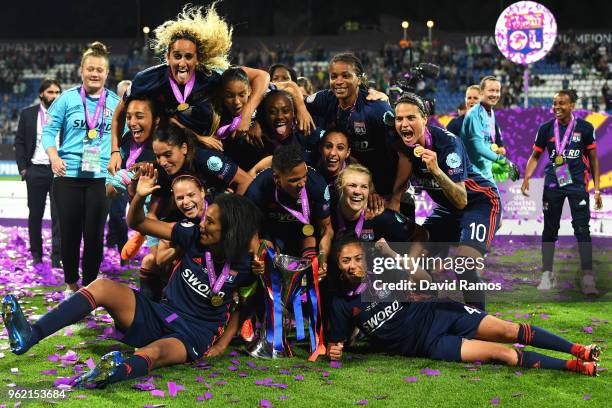 Lyon Women celebrate with the trophy during the UEFA Womens Champions League Final between VfL Wolfsburg and Olympique Lyonnais on May 24, 2018 in...