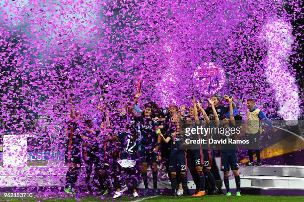 Lyon Women celebrate with the trophy during the UEFA Womens Champions League Final between VfL Wolfsburg and Olympique Lyonnais on May 24, 2018 in...