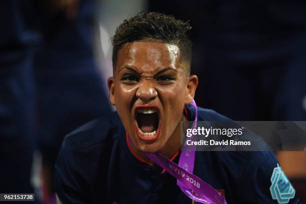 Shanice Van de Sanden of Lyon celebrates winning the UEFA Womens Champions League Final between VfL Wolfsburg and Olympique Lyonnais on May 24, 2018...