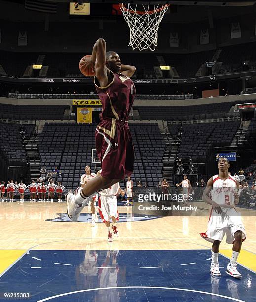 Adonis Thomas of the Melrose Golden Wildcats goes up for a dunk against the Germantown Red Devils on January 17, 2010 at FedExForum in Memphis,...