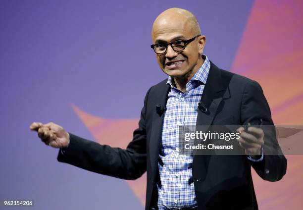 Microsoft's CEO Satya Nadella speaks to participants during the Viva Technologie show at Parc des Expositions Porte de Versailles on May 24, 2018 in...