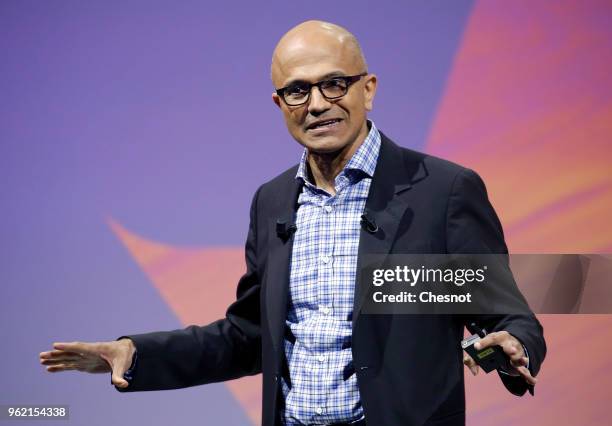 Microsoft's CEO Satya Nadella speaks to participants during the Viva Technologie show at Parc des Expositions Porte de Versailles on May 24, 2018 in...