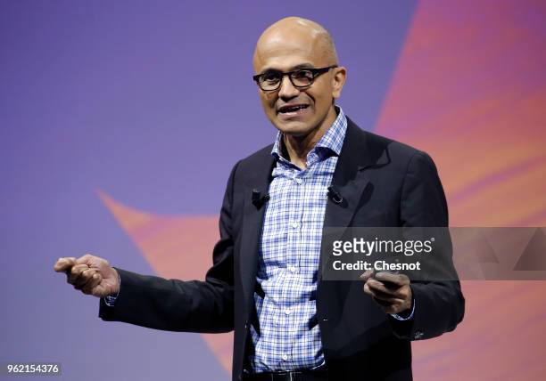 Microsoft's CEO Satya Nadella speaks to participants during the Viva Technologie show at Parc des Expositions Porte de Versailles on May 24, 2018 in...