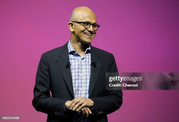 Microsoft's CEO Satya Nadella speaks to participants during the Viva Technologie show at Parc des Expositions Porte de Versailles on May 24, 2018 in...