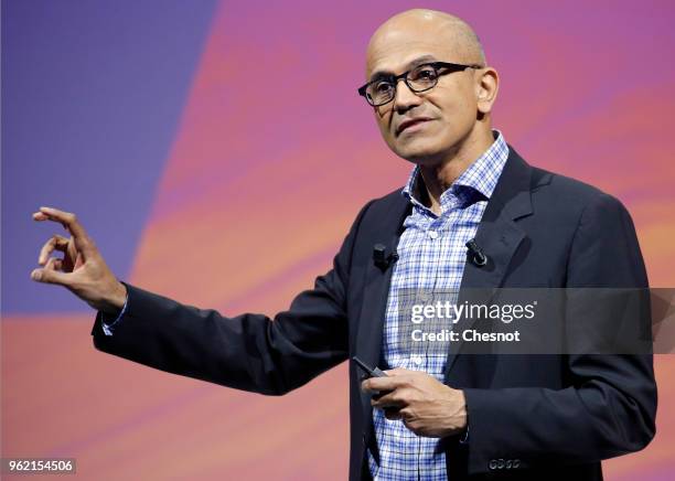 Microsoft's CEO Satya Nadella speaks to participants during the Viva Technologie show at Parc des Expositions Porte de Versailles on May 24, 2018 in...