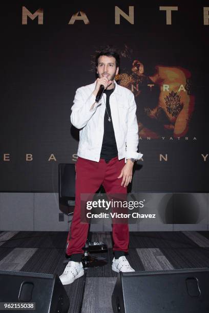 Colombian singer Sebastian Yatra attends a press conference to promote his new album "Mantra" at Universal Music on May 24, 2018 in Mexico City,...