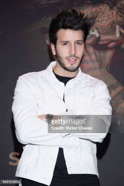 Colombian singer Sebastian Yatra attends a press conference to promote his new album "Mantra" at Universal Music on May 24, 2018 in Mexico City,...