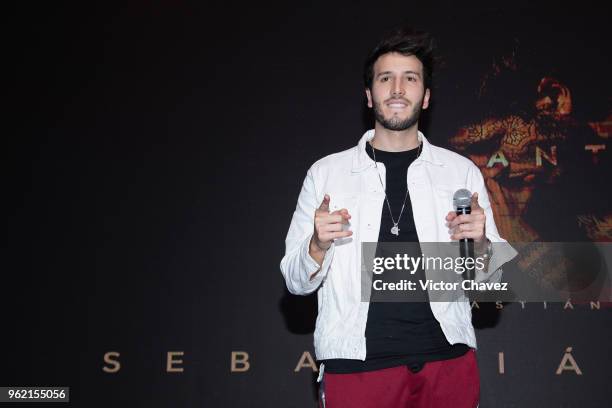 Colombian singer Sebastian Yatra attends a press conference to promote his new album "Mantra" at Universal Music on May 24, 2018 in Mexico City,...