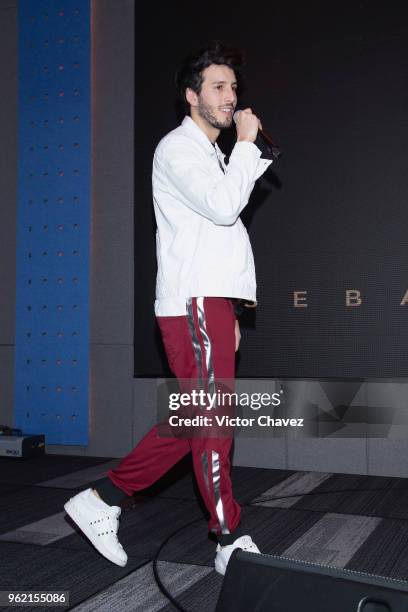 Colombian singer Sebastian Yatra attends a press conference to promote his new album "Mantra" at Universal Music on May 24, 2018 in Mexico City,...